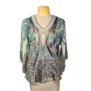 Dressbarn 1X Boho Tunic Top Sheer Embellished Earthy Flowy Blouse Lightweight